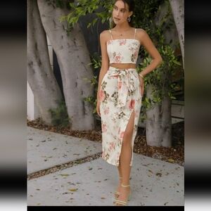 Shirred Back Floral Cami Top & Self Belted Split Thigh Skirt Set